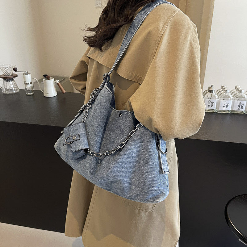 Ielgy Canvas Large Capacity Casual Retro Denim Underarm Bag Commuter Tote Bag