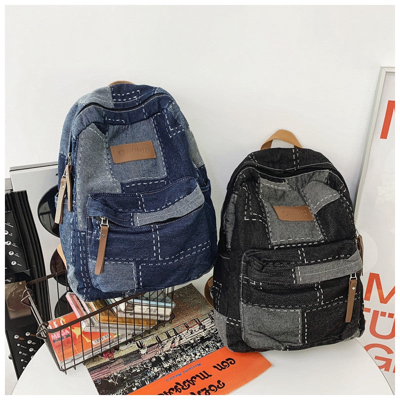 Ielgy Korean Version Lazy Style Denim Schoolbag Preppy Style Student Backpack Washed Retro Stitching Denim Backpack