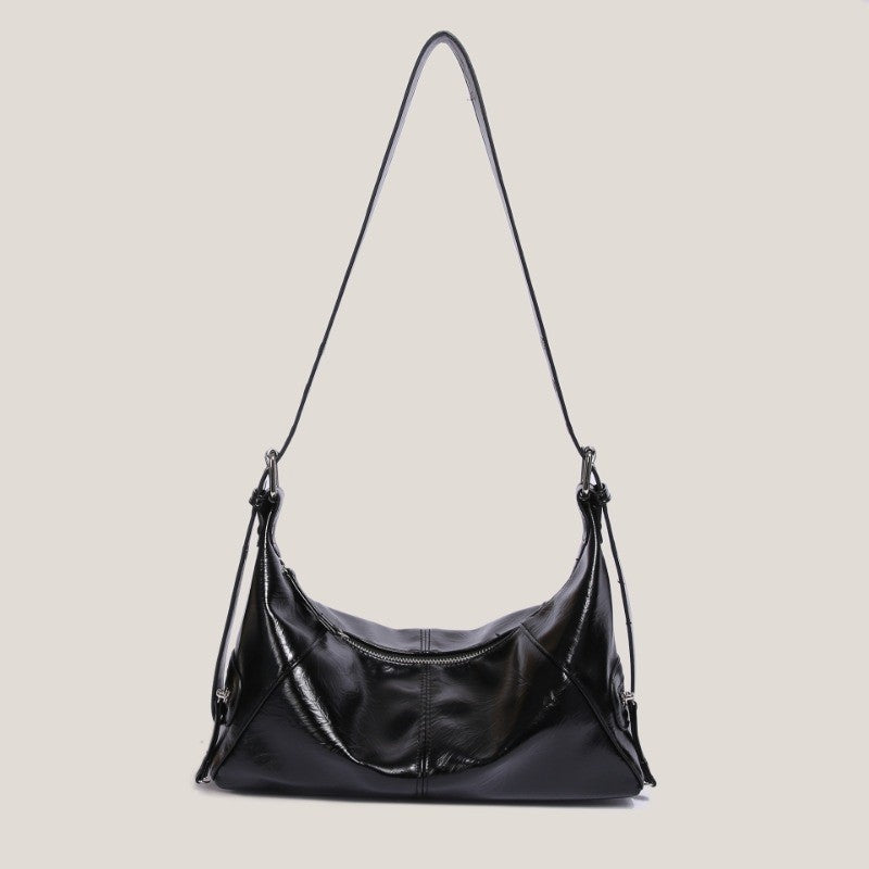 IELGY retro oil wax leather messenger bag, crescent bag, large-capacity versatile single shoulder wide shoulder strap textured women's bag