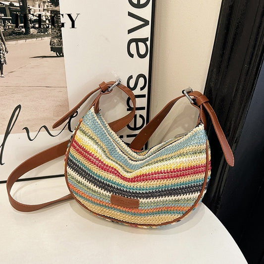 Ielgy Summer Niche Contrast Color Dumpling Bag Fashion One-Shoulder Messenger Bag Casual Woven Women's Bag