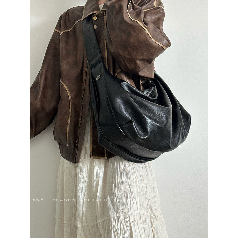 Ielgy Soft Leather Large-Capacity Black Dumpling Bag Retro High-End Casual One-Shoulder Messenger Tote Bag