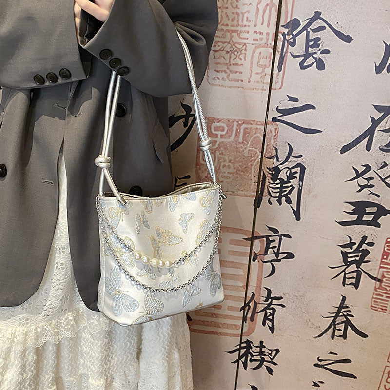 Ielgy New Chinese Style Chinese Style Embroidered Bucket Bag Trendy All-Match Tote Bag Large Capacity Shoulder Messenger Bag