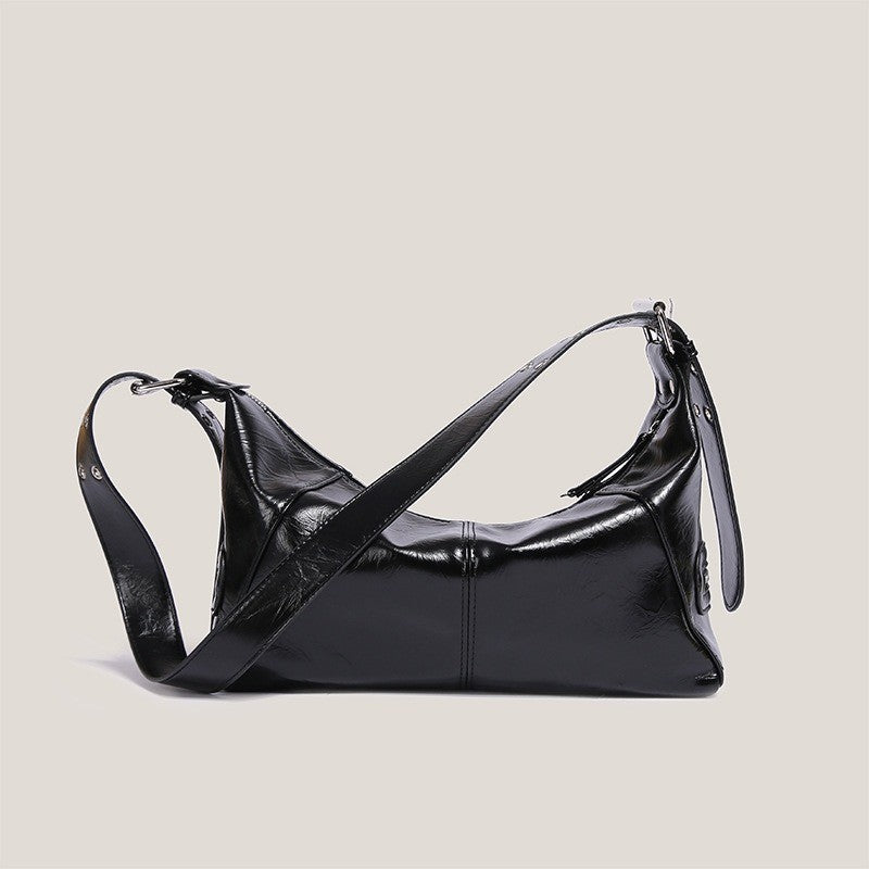 IELGY retro oil wax leather messenger bag, crescent bag, large-capacity versatile single shoulder wide shoulder strap textured women's bag