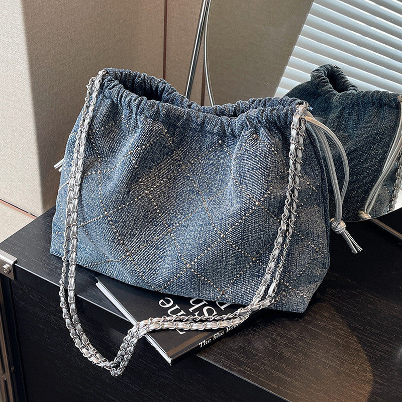 Ielgy Denim Bag Female Large Capacity Casual Fashion Chain Crossbody Bucket Bag