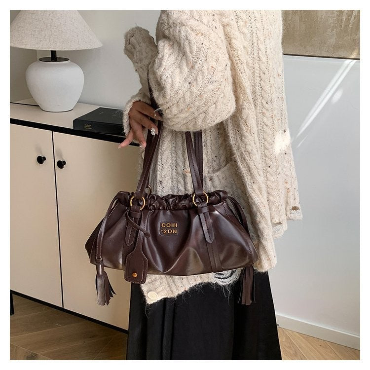 Ielgy Retro Large-Capacity Autumn Winter All-Match Casual Shoulder Bag Simple Work Commuter Tote Bag