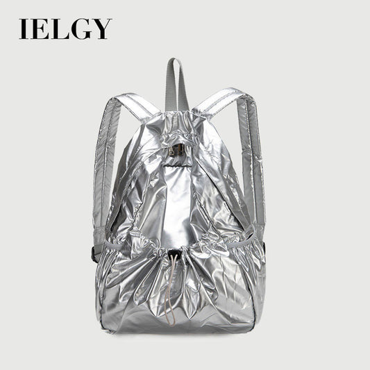 Ielgy Korean Version Drawstring Pleated Silver Backpack Ladies Lightweight Casual Large Capacity Backpack