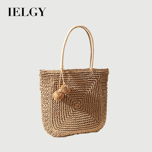 Ielgy Cute Fur Ball Straw Bag All-Match Large-Capacity Hand-Woven One-Shoulder Portable Be