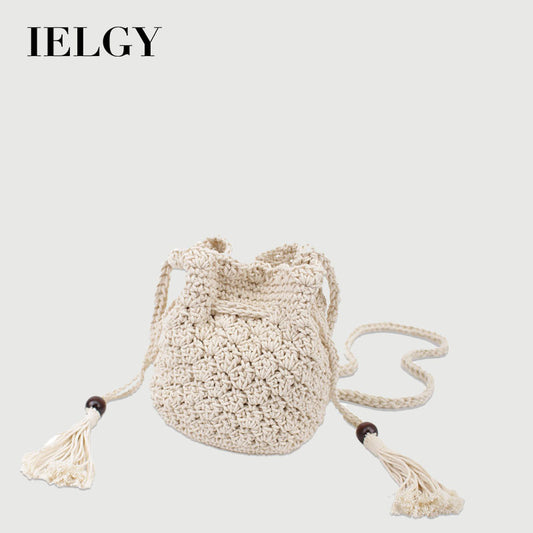 Ielgy Korean Version Cotton Thread Tassel Drawstring Bucket Bag Simple Straw Beach One-Shoulder Woven Mini Messenger Female Bag