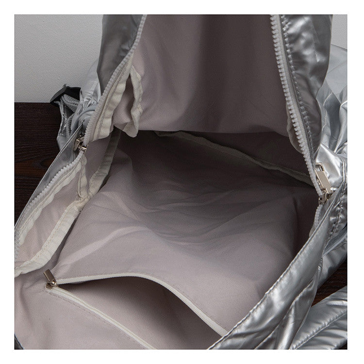 Ielgy Korean Version Drawstring Pleated Silver Backpack Ladies Lightweight Casual Large Capacity Backpack