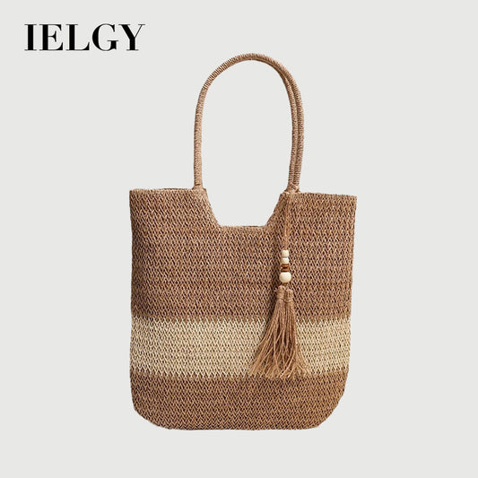 Ielgy Ladies Two-Color Tassel Woven Bag Fashion One-Shoulder Casual Straw Beach Bag