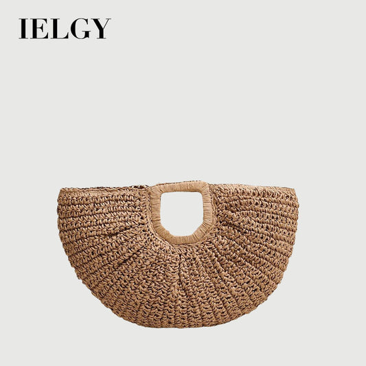 Ielgy All-Match Simple Solid Color Portable Straw Bag Moon Clutch Straw Bag Woven Holiday Style Beach Female Bag