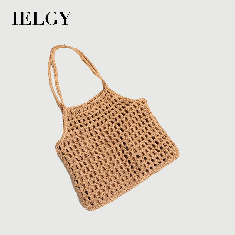Ielgy Hollow Portable Cotton Thread Woven Bag Leisure Straw Woven Holiday Style Beach Bag All-Match Female Bag