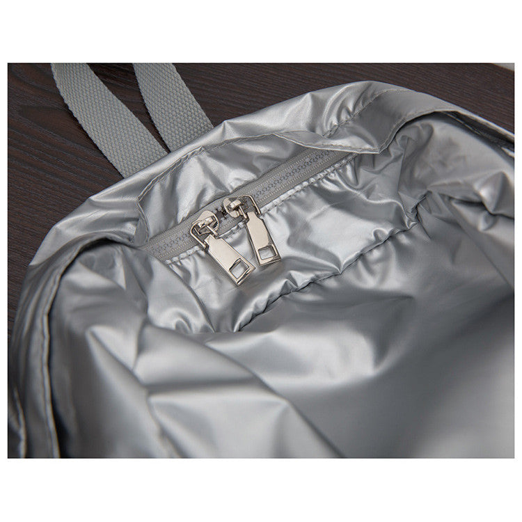 Ielgy Korean Version Drawstring Pleated Silver Backpack Ladies Lightweight Casual Large Capacity Backpack