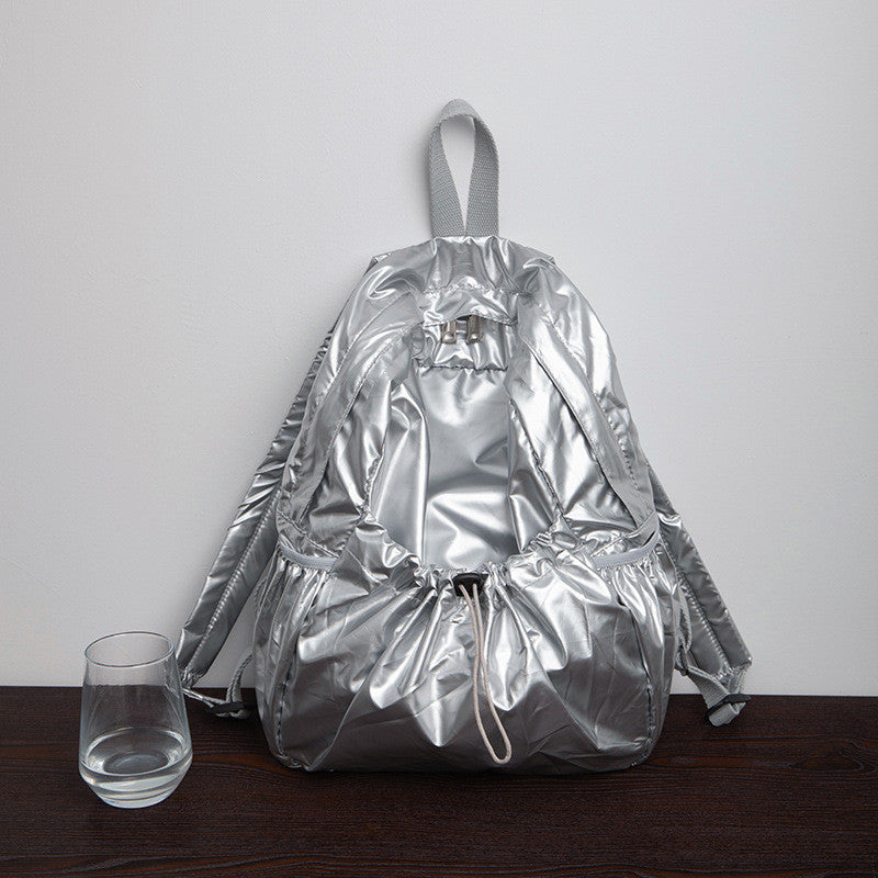 Ielgy Korean Version Drawstring Pleated Silver Backpack Ladies Lightweight Casual Large Capacity Backpack