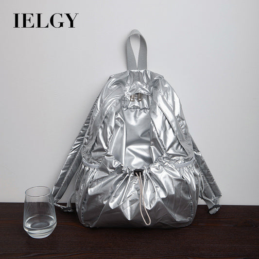 Ielgy Korean Version Drawstring Pleated Silver Backpack Ladies Lightweight Casual Large Capacity Backpack