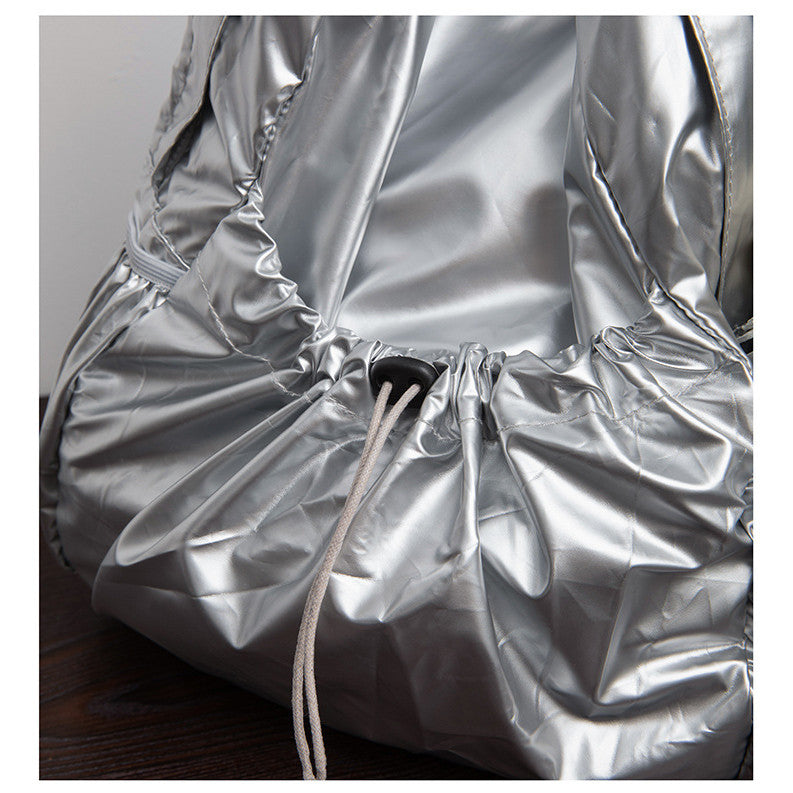Ielgy Korean Version Drawstring Pleated Silver Backpack Ladies Lightweight Casual Large Capacity Backpack