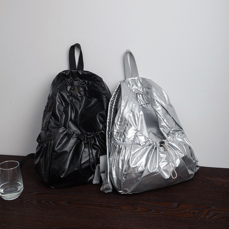 Ielgy Korean Version Drawstring Pleated Silver Backpack Ladies Lightweight Casual Large Capacity Backpack
