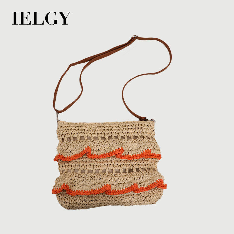 Ielgy Cross-Body Lace Straw Bag Ruffled Colorful Woven Bag Seaside Beach Vacation Bag