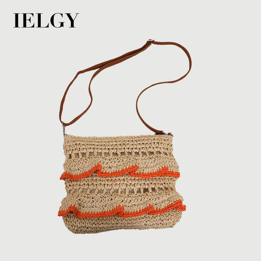 Ielgy Cross-Body Lace Straw Bag Ruffled Colorful Woven Bag Seaside Beach Vacation Bag