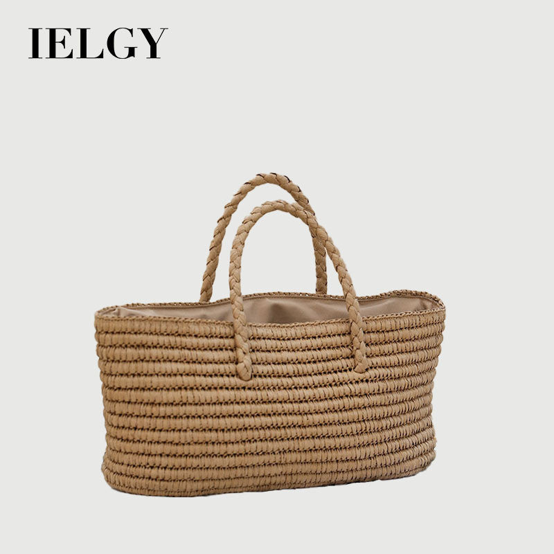Ielgy Ladies Portable Vegetable Basket Woven Bag Large Capacity Seaside Beach Bag