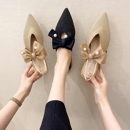 IELGY Baotou sandals female pointed thick heel with bowknot pearl fairy style