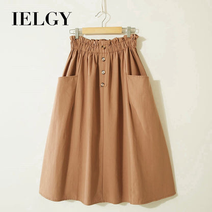 IELGY Solid color high waist literary style A-line skirt