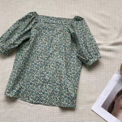 IELGY foreign style chiffon retro one-word collar floral summer design sense foreign style fashion short-sleeved shirt