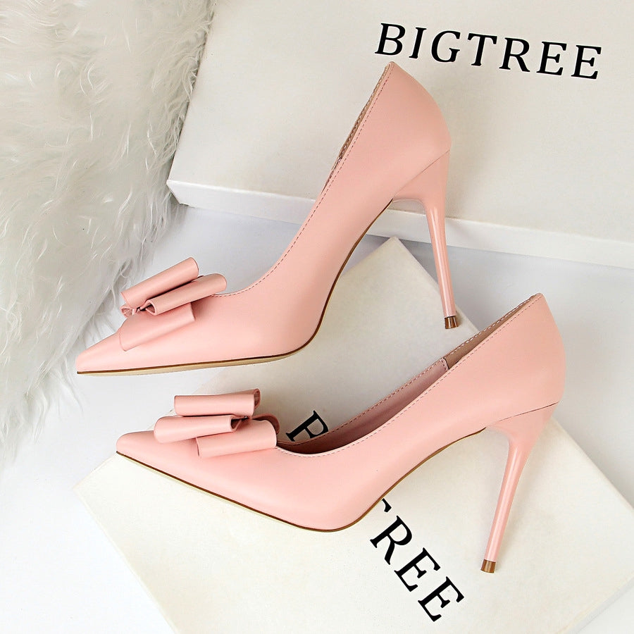 IELGY Sweet high-heeled heels with thin and shallow mouth pointed bow women's shoes