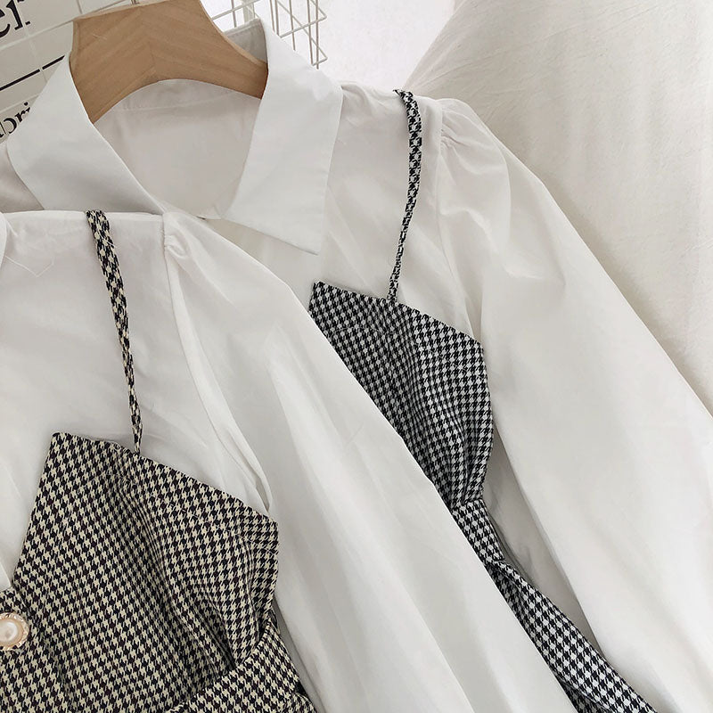 IELGY Lapel Commuter Women's shirt Check Slim fit Autumn Contrast color Fake two-piece Fashion