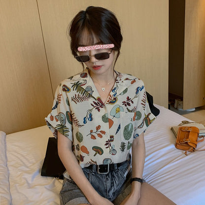 IELGY summer retro picnic print shirt blouse design loose temperament short-sleeved shirt