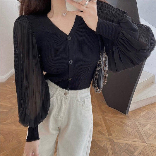 IELGY Fashion Chiffon Long Sleeve Knit Cardigan Korean Version Solid Color V-neck Slim