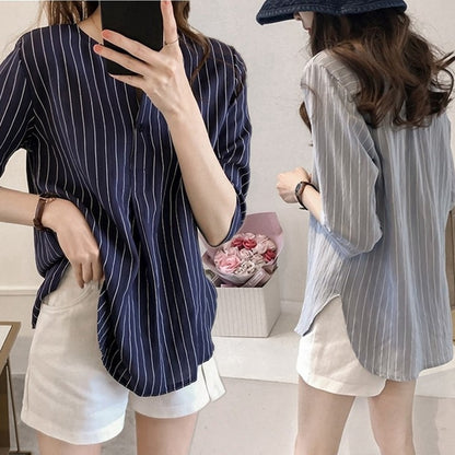 IELGY Leaked clavicle striped cropped sleeve top Han Fan student ins super fire shirt autumn