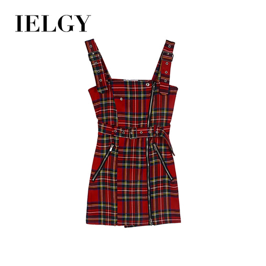 IELGY High Waist Plaid Dress  Shoulder strap temperament skirt, high waist, slim, plaid color matching zipper design skirt