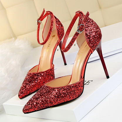 IELGY Stiletto heels shallow mouth pointed toe hollow sequins sexy nightclub was thin lady sandals