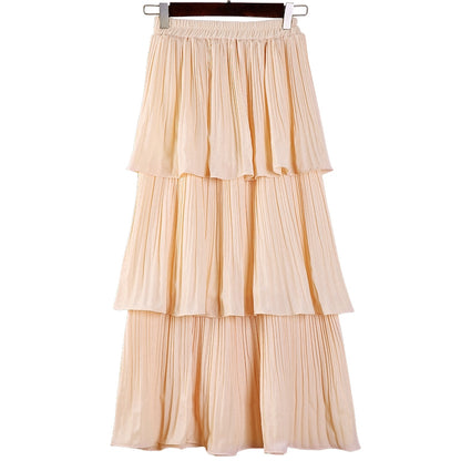 IELGY Korean version of chiffon white student thick pleated midi skirt cupcake dress
