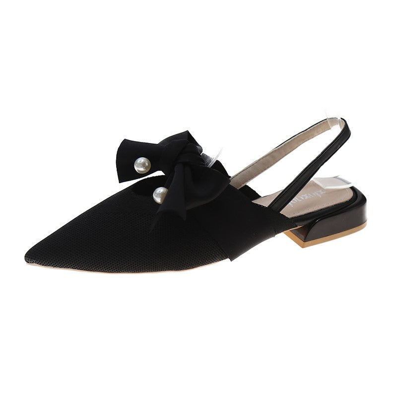 IELGY Baotou sandals female pointed thick heel with bowknot pearl fairy style