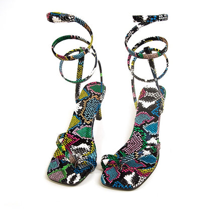 IELGY Fashion Large Snake Pattern Stiletto Sandals Square Toe Open Toe