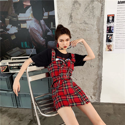 IELGY High Waist Plaid Dress  Shoulder strap temperament skirt, high waist, slim, plaid color matching zipper design skirt