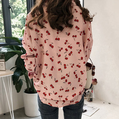 IELGY Long-sleeved shirt women's loose Korean sweet cherry print shirt bottoming shirt