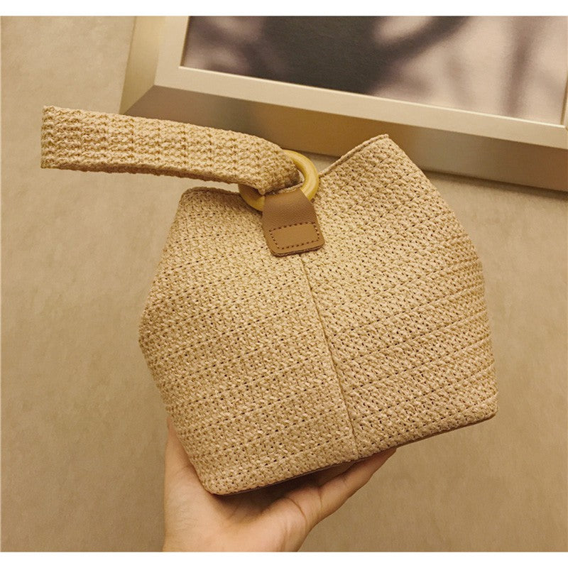 IELGY Ring buckle cute woven basket hand bag small square straw bag