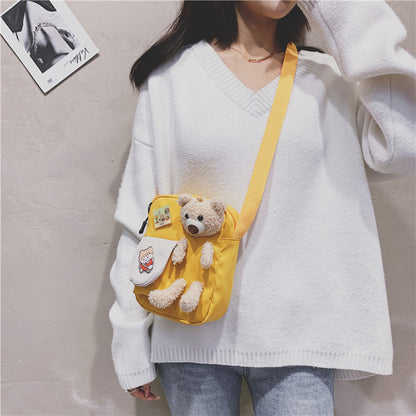 IELGY fashion bear cartoon style canvas messenger bag yellow Harajuku Korea cute Japanese