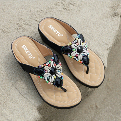 IELGY Large size sandals women leisure beach bohemian beaded 5cm wedge