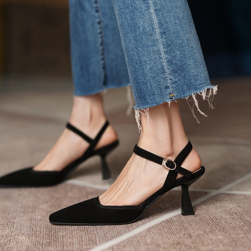 IELGY French mid-high heel toe cap sandals female buckle strap temperament stiletto pointed toe