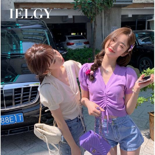 IELGY Drawstring short sleeve knitted loose puff sleeve Crop top