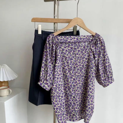IELGY foreign style chiffon retro one-word collar floral summer design sense foreign style fashion short-sleeved shirt