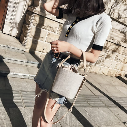 IELGY canvas  stitching bucket bag with handbag Fashion