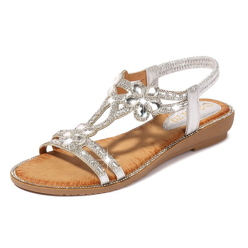 IELGY [Size36-42] flat sandals rhinestone flowers  wedge large size women's shoes