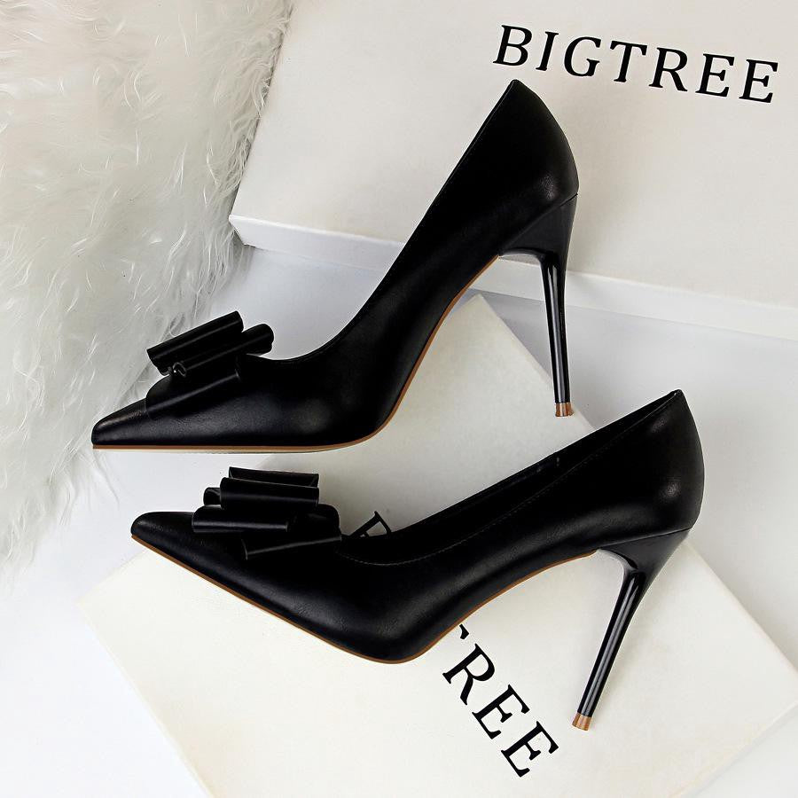 IELGY Sweet high-heeled heels with thin and shallow mouth pointed bow women's shoes