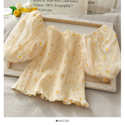 IELGY Little said chrysanthemum short sleeve women's puff sleeve shirt