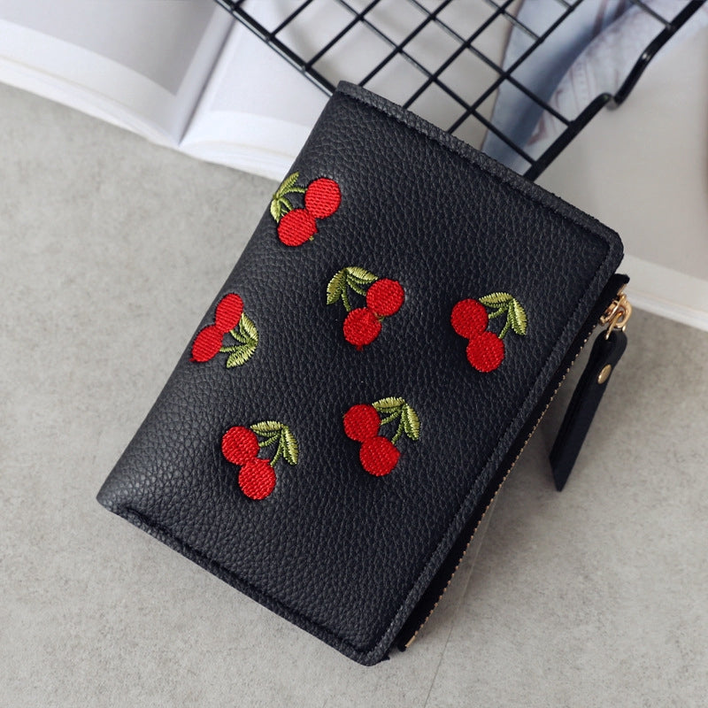 IELGY vertical cherry embroidery short ladies small wallet